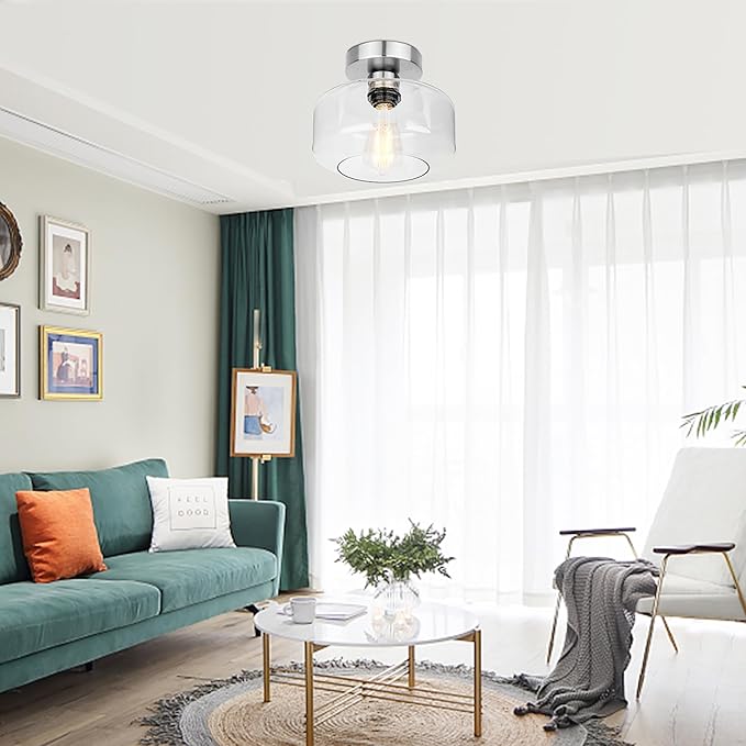 Industrial Semi Flush Mount Ceiling Light Brushed Nickel, 800 Lumen LED Bulb Included, Clear Glass Shade Ceiling Light Fixture, Farmhouse Light Fixture for Hallway Corridor Kitchen Bathroom Bedroom
