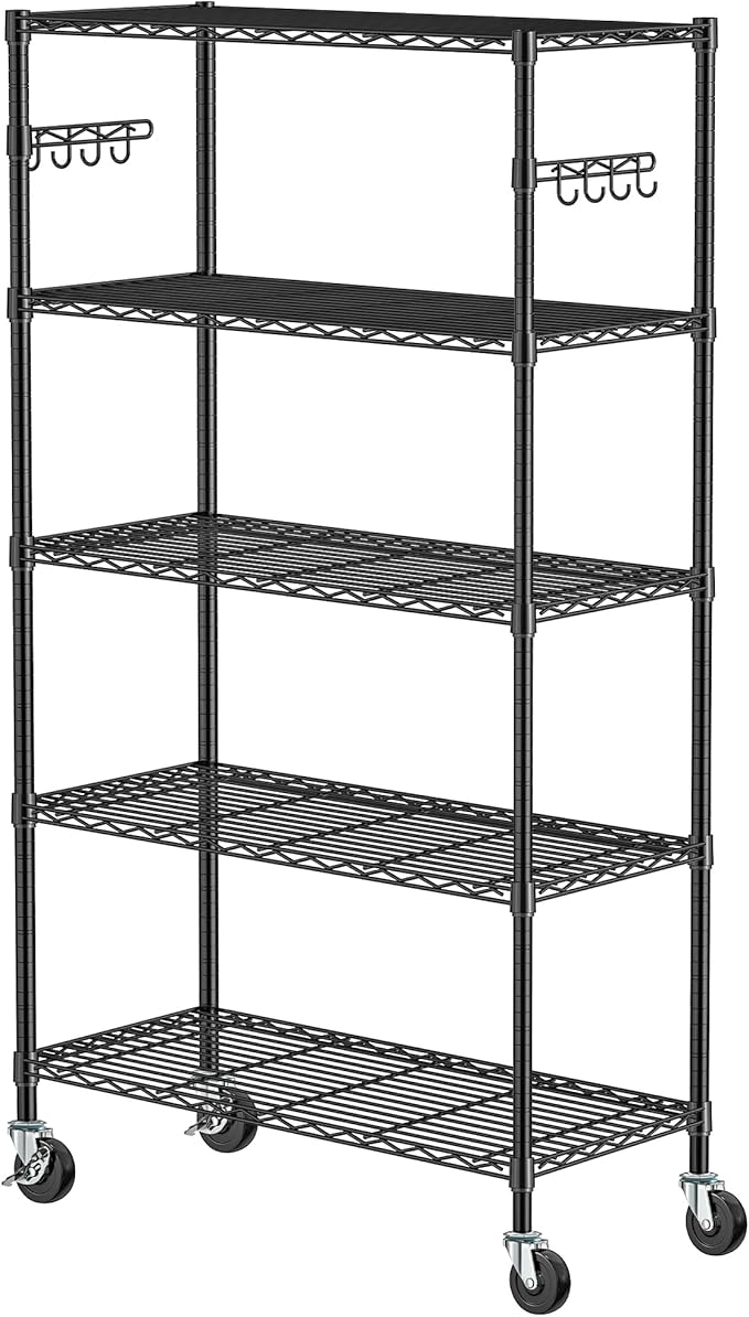 Metal Storage Shelves with Wheels, 5-Tier Steel Wire Rack Shelving Unit, Adjustable Rolling Utility Shelves, Standing Storage Organizer for Kitchen Garage Pantry Closet Laundry(5-Tier Shelf)