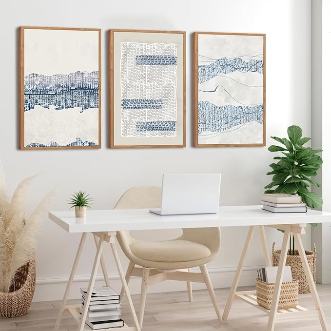 IARTTOP Large Blue Abstract Canvas Wall Art Framed 24x36 Inch Neutral Minimalist Modern Wall Art Mid Century Boho Artwork for Living Room Bedroom Office Set of 3