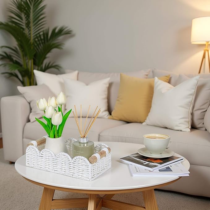 CubesLand Scalloped Edge Decor Baskets for Home, Living Room, Toilet Paper Storage Basket for Over Toilet Tank Top, Storage Shelf, Cute Small Paper Rope Baskets Both Storage&Decor, Set 2 White