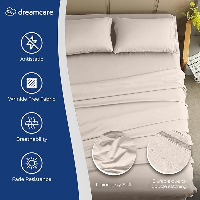 DREAMCARE Twin XL Sheets Set - 4 Pcs Cooling Bed Sheets with Up to 15" Deep Pockets - Soft, Long-Lasting 100% Brushed Polyester with Side Pocket (Beige)