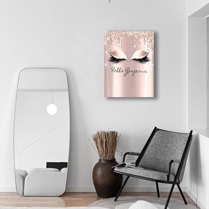 Feminine Eyelash Canvas Wall Art 12x16 Inch - Hello Gorgeous Framed Decor for Bathroom, Bedroom, Home Office - Rose Gold Girly Aesthetic Ready to Hang