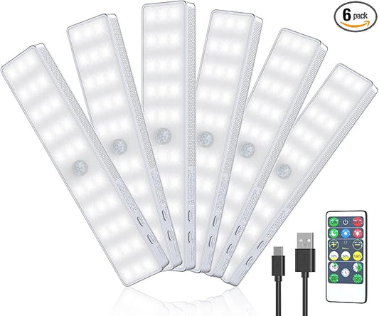 LED Closet Light, 6 Pcs 30LEDs Dimmer Rechargeable Motion Sensor Under Cabinet Lighting with Remote Control, Wireless Stick-Anywhere Night Safe Light Bar for Wardrobe,Kitchen