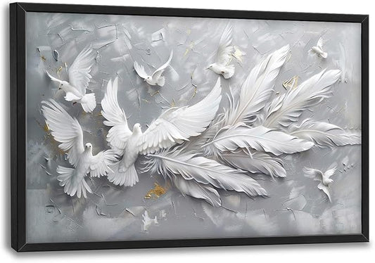 Quorin Feather Dove Bird Large Wall Art White Gray Holy Wings Pictures Peaceful Birds Flying Wall Decor Canvas Print Painting Artwork for Bathroom Living Room Bedroom 36L x 24W