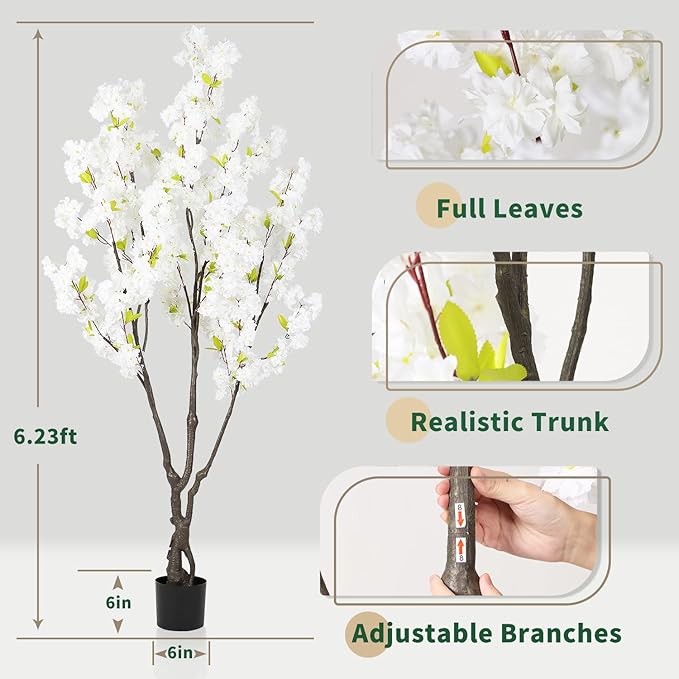 Artificial White Cherry Blossom Tree 6ft(72in) Faux White Flower Tree Indoor Decor Handmade Natural Fake Cherry Tree for Wedding Realistic Cherry Blossom Plant in Pot for Home,Living Room,Office Decor