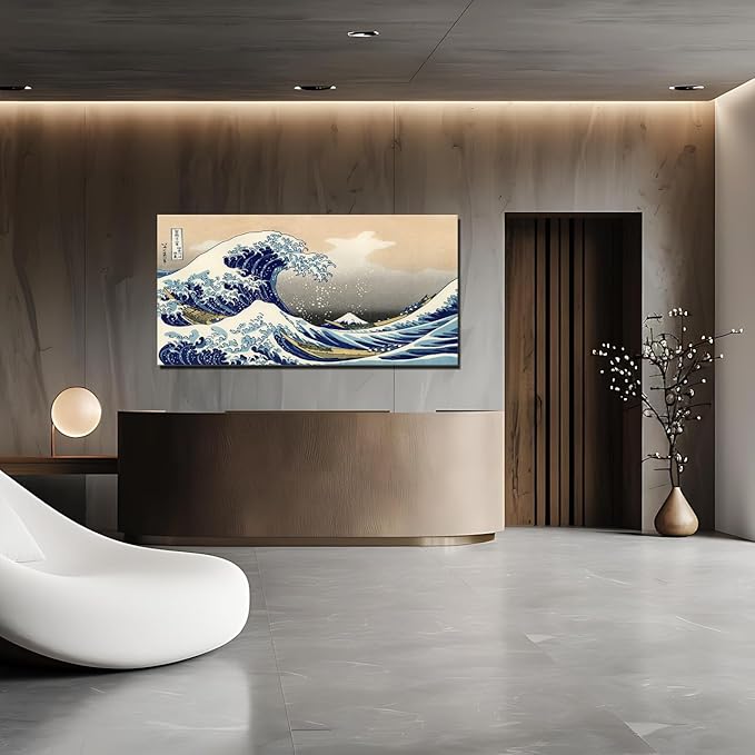 QBQT The Great Wave Off Kanagawa Japanese Famous Painting Prints Home Office Bedroom Decor Large Artwork for Living Room Kitchen Hallway Wall Decor Frame 20x40inch