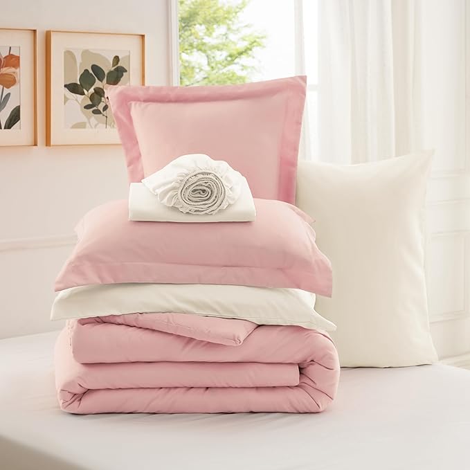 Bedsure Twin Comforter Set - 5 Pieces Pink Twin Bedding Set for All Seasons, Boho Contrasting Design Bed in a Bag with Comforter, Sheets, Pillowcase & Sham