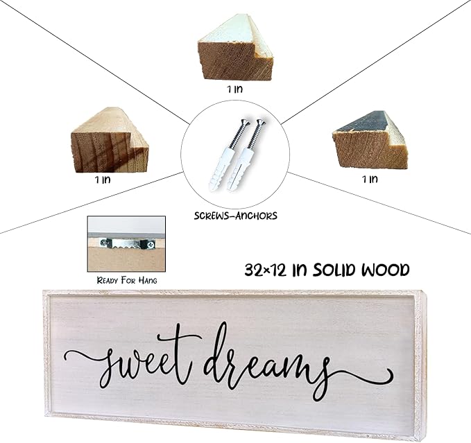 Surfapans Sweet Dreams Wall Decor Above Bed 32"x12" ofr Master Bedroom Guest Room Wood Rustic Framed Wall Art Sign (White)