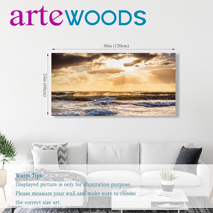 Sunset Ocean Canvas Wall Art - Ocean Waves Wall Decor Glow Sea Scene Picture Painting Nature Landscape Prints Sunset Over the Ocean Painting Artwork Living Room Bedroom Office Home 24" x 48"
