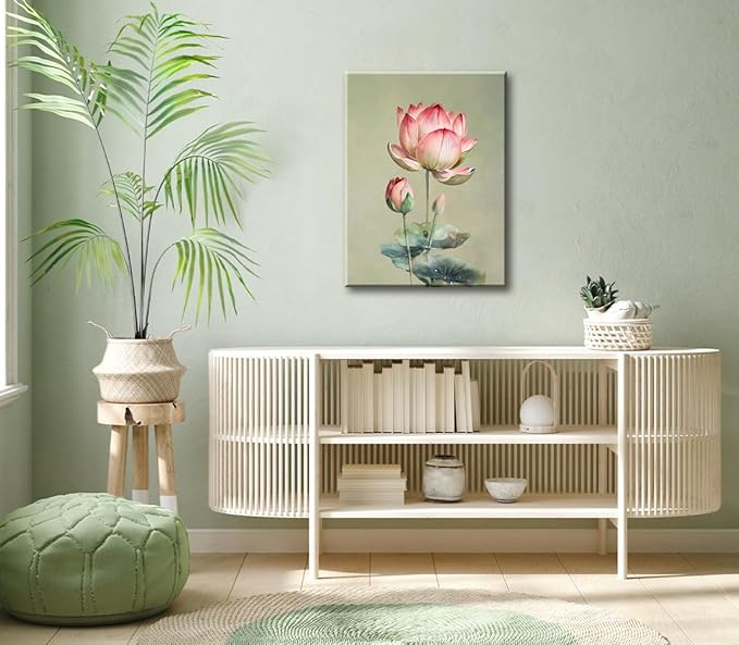 Framed Lotus Flower Canvas Wall Art Set Green Lotus Blossom Plant Floral Botanical Art Prints Minimalist Modern Wall Art Decor for Living Room Bathroom Kitchen Decor (12"x16"x3)