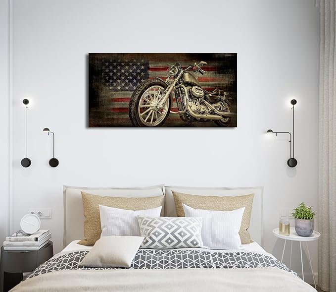 yearainn American Flag Motorcycle Wall Art - Vintage Map of USA Pictures Retro Motorcycle Wall Decor American Freedom Ride Canvas Painting Print Modern Classic Artwork for Home Office Decor 20" x 40"