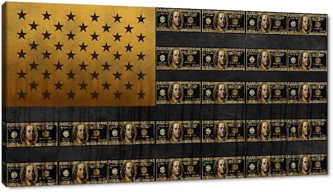 Abstract Dollars Creative USA Flag Wall Art Golden Vintage Bill American Flag Creative Inspirational Framed Posters Prints Paintings Artwork for Home Walls Guest Roomm Study Room Gym Decor-40"Wx20"H