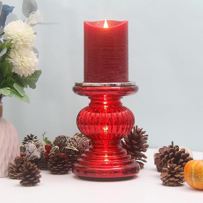 Mercury Glass Pillar Candle Pedestal Holders with Lights Set of 2,Candle Holder for Pillar Candle,Candlestick Holders,Perfect Decoration for Wedding Home Dining Table Xmas(Red)