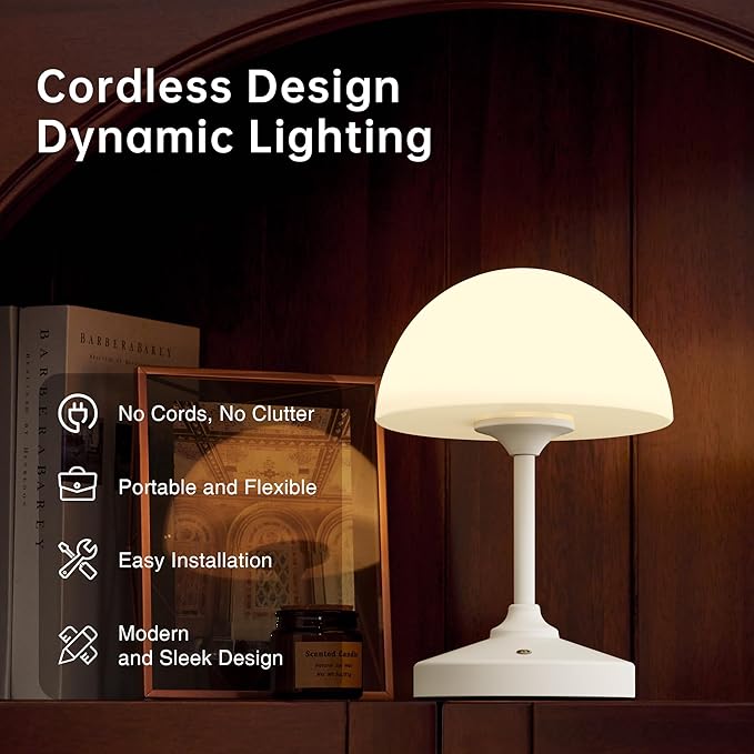 Mushroom Lamp Table Lamp Waterproof,Desk Cordless Battery Operated Lamps for Bedroom,Outdoor Cordless Rechargeable Table Lamps for Night Stands,5000mAh LED Night Light for Living Room(White)