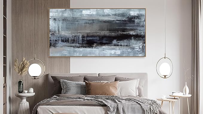 arteWOODS Abstract Framed Wall Art - Deep Blue Black Canvas Pictures Wall Decor Rustic Minimalist Vintage Painting Artwork Elegant Stylish Prints for Living Room Bedroom 48 x 24in Natural Wood Frame