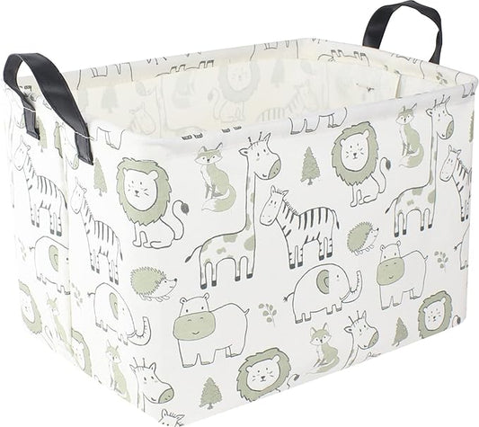 CLOCOR Rectangular Large Storage Basket,Collapsible Cute Pattern Storage Bin,Waterproof Storage Box with Handles,Gift Basket Empty,Room Decor(Green Animals)