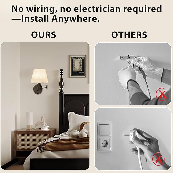 Battery Operated Wall Sconces Set of Two, Wireless Swing Arm Wall Lights with 10000mAh RGB Rechargeable Bulb and Remote Control, Sconces Wall Decor for Bedroom Living Room