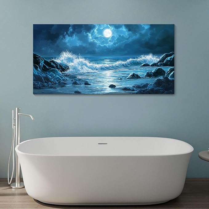CHATYOUNG Blue Ocean Wall Art, Large Reef Beach Sea Waves Night Landscape Paintings Moon Clouds Coastal Style Picture Artwork for Bedroom Living Room Kitchen Home Offic Decor 24"X48"