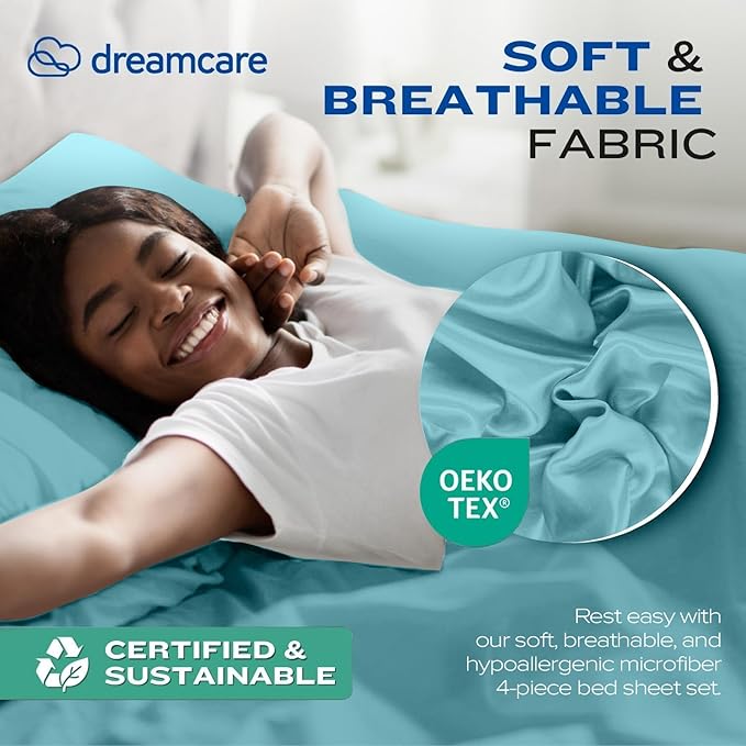 DREAMCARE Twin XL Sheets Set - 4 Pcs Cooling Bed Sheets with Up to 15" Deep Pockets - Soft, Long-Lasting 100% Brushed Polyester with Side Pocket (Spa Blue)