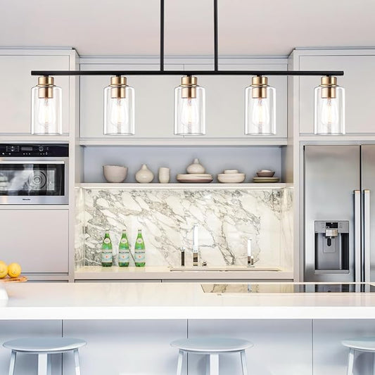 Kitchen Island Light, 5-Light Pendant Lighting, Farmhouse Industrial Dining Room Light Fixtures for Kitchen Island Dining Living Room, Matte Black Gold with Clear Glass Shade