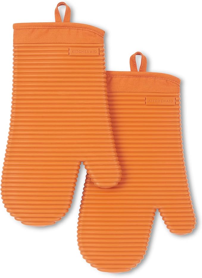 KitchenAid Ribbed Soft Silicone Oven Mitt 2-Pack Set, Honey, 7.5"x13"