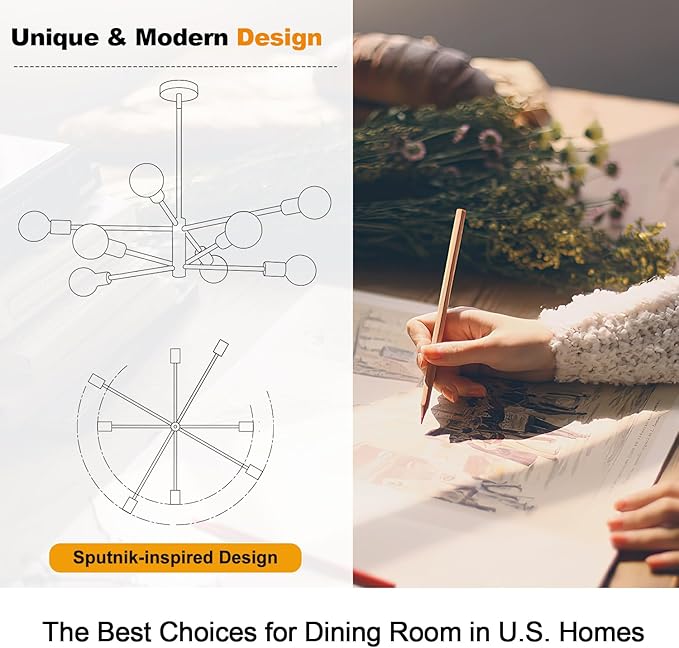 30" Modern Chandelier Ceiling Light Fixture, 8-Light Sputnik Chandeliers Gold Mid Century Chandelier Over Table, Height Adjustable Chandeliers for Dining Room Kitchen Island (Bulbs Not Included)