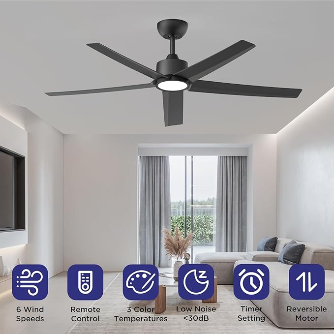 ocioc Ceiling Fans with Lights, 52 inch Black Ceiling Fan with Light and Remote Control, 3CCT, Quiet DC Motor, 5 Blades Modern Ceiling Fan for Living Room Farmhouse Bedroom