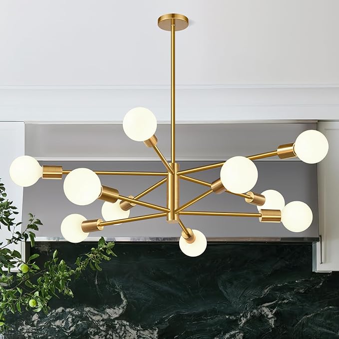 Sputnik Chandeliers Dining Room Light Fixture (10-Light, 33-Inch), Modern Gold Chandelier, Height Adjustable Mid Century Modern Chandeliers for Bedroom Kitchen Entryway