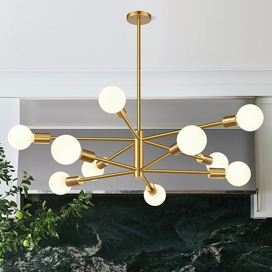 Sputnik Chandeliers Dining Room Light Fixture (10-Light, 33-Inch), Modern Gold Chandelier, Height Adjustable Mid Century Modern Chandeliers for Bedroom Kitchen Entryway
