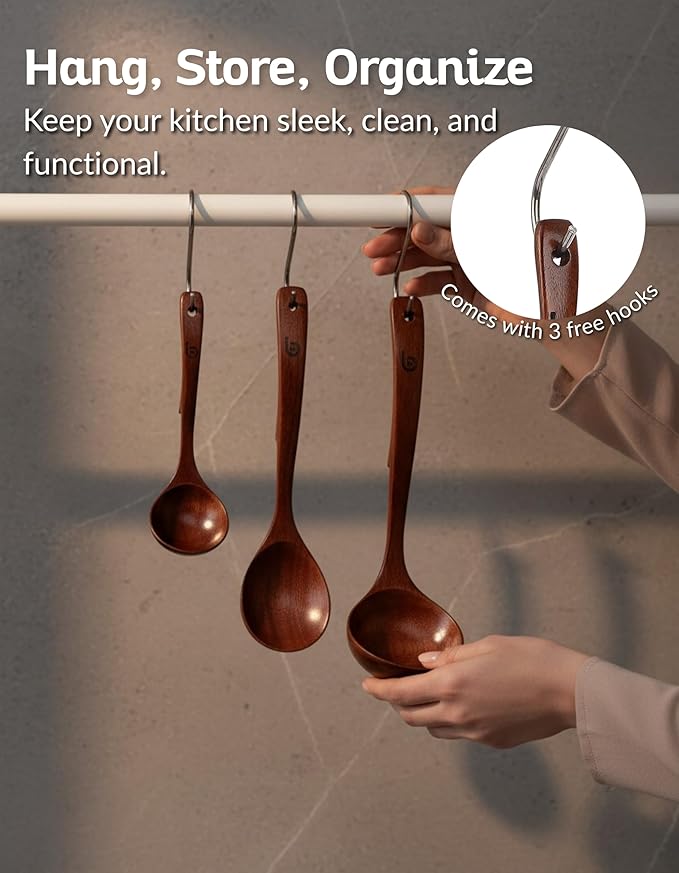 Soup Spoons - Luxury Teak Wood Ladle Set of 3 – Chef-Grade, Eco-Friendly Wooden Cooking Utensils with Reinforced Neck Joint & Anti-Slip Notch Handle – Multi-Size, Gift-Ready Ladle Spoons Set