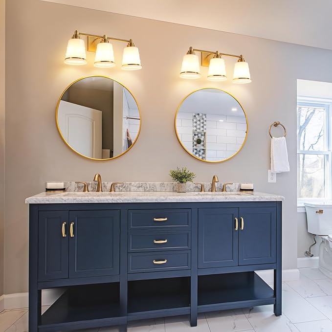 Gold Bathroom Vanity Light Fixture, 3 Light Bathroom Light Fixtures Over Mirror with Milky White Glass and Metal Base Wall Sconce, 21.3inch Modern Vanity Light for Bathroom(Exclude E26 Bulb)