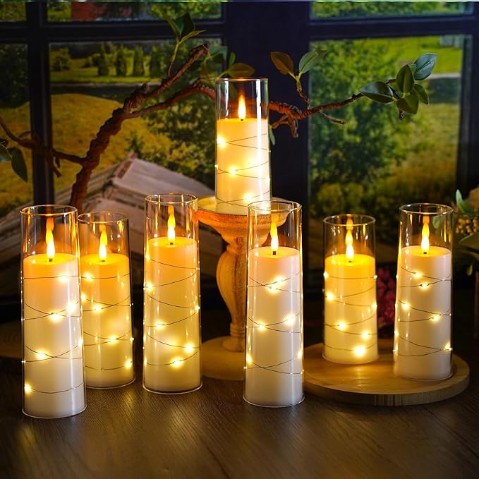 Flameless Candles,with Embedded Star String, Battery Operated Candles Flickering LED Pillar Candles with Remote Control and Timer, Home Decoration Add a Warm and Romantic Atmosphere，Set of 7 (White)