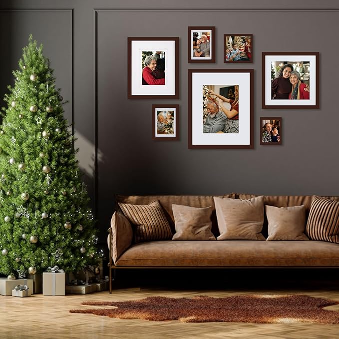 Egofine 12x16 Picture Frames Set of 4, Made of Solid Wood Covered by Plexiglass 9x12 and 11x14 with Mat or 12x16 without Mat, for Wall Mounting Photo Frame Brown