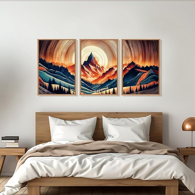 HOURIA Woodland Mountain Framed Canvas Wall Art Set,Natural Boho Tree Ring Wall Decor,Vintage Earth Tone Forest Landscape Artwork,Wilderness Field Art Print For Living Room,Bedroom,Office-16 x24 x3