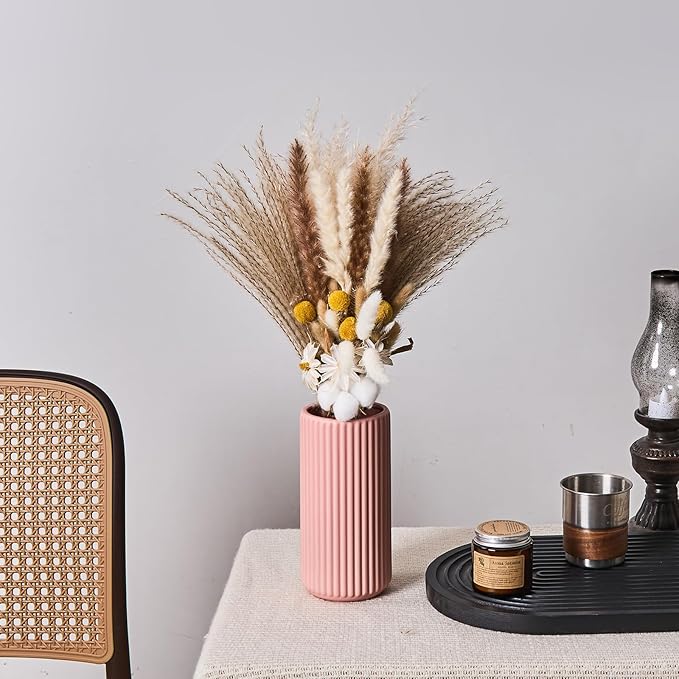 Pink Ceramic Flower Vase for Pampas Grass, 10 inch Large Decorative Centerpiece Ribbed Vase for Dining Table, Office Desktop, Shelf Bookshelf, Mantel, Entryway, Bathroom, Countertop, Farmhouse, Gift