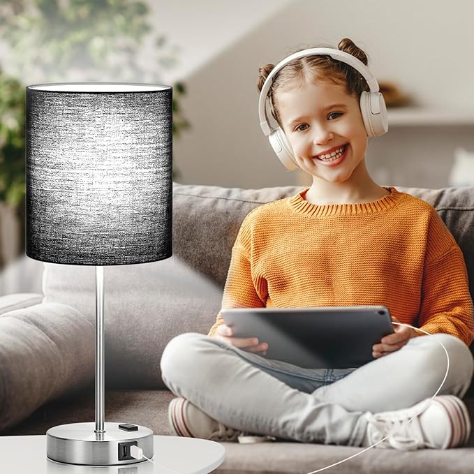 Lynnoland 𝟮𝟬𝟮𝟯 𝗡𝗘𝗪 Set of 2 Touch Control Table Lamps with 2 USB & AC Outlet, 3-Way Dimmable Bedside Nightstand Lamps for Bedroom Living Room Nursery, 800 Lumens 5000K Daylight Bulbs Included