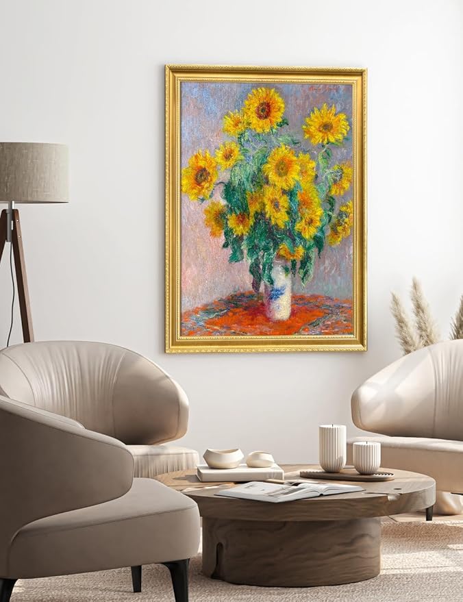 DECORARTS - Claude Monet Sunflowers, Large Framed Wall Art, Canvas Size 28x35, Outer Dimensions Larger With Customizable Solid Wood Frames, Giclee Canvas Print, Made in USA