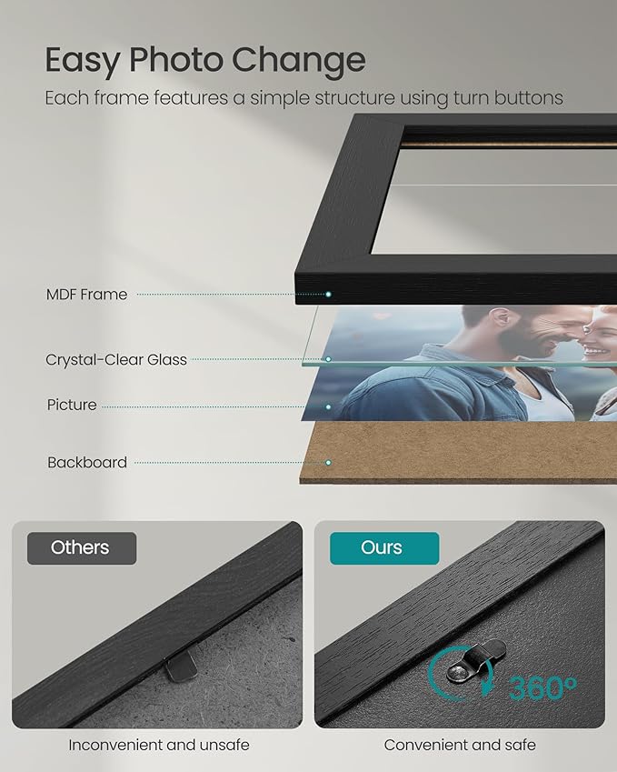 SONGMICS Picture Frames, Collage Picture Frames Set of 10, Two 8x10, Four 5x7, Four 4x6, Photo Frame for Wall Gallery Decor, Table Display, Glass, Ink Black URPF10B