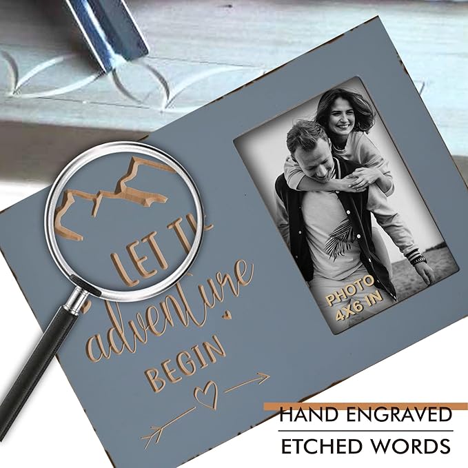 Wedding Engagement Gifts for Couples, Women Bride to Be, Bride and Groom - Boyfriend Girlfriend Engraved Picture Frame 4x6 Inches - Let the Adventure Begin