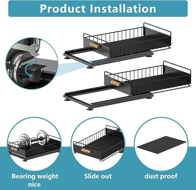 Under Sink Organizer, Kitchen Under Sink Organizers and Storage, Mute Pull Out Cabinet Organizer Shelf, Metal Sliding Drawer for Kitchen Bathroom Pantry Cabinet Closet Organization Rack, Black