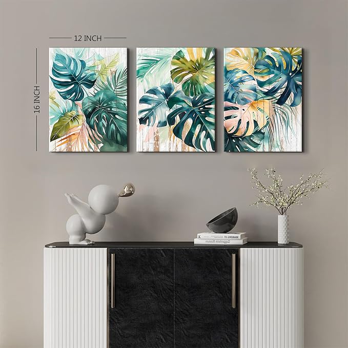 Tropical Monstera Wall Art Leaf Pictures Wall Decor for Bathroom Abstract Watercolor Sage Green Palm Leaves Paintings Botanical Canvas Prints Posters Artwork Home Living Room Decoration 12x16" 3Pcs