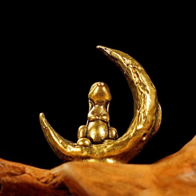 CHOVY Retro Handcrafted Moon Rabbit Sculpture - 100% Solid Brass Adorable Rabbit Sitting on Crescent Moon | Vintage Style Collectible Art Piece for Home & Office | Unique Gift for Lunar Lovers