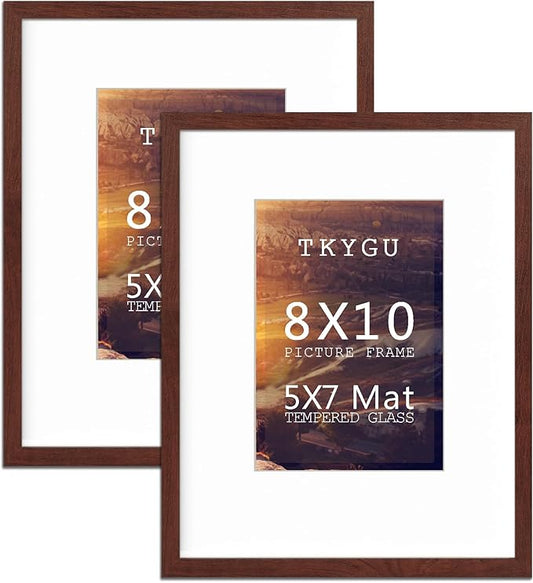 Picture Frame 8x10 with mat 5x7 Wine red Photo Frames Pack of 2,Tempered Glass,Modern Style Wood Composite frames Table Top or Wall - Vertical and Horizontal for home decor best gift