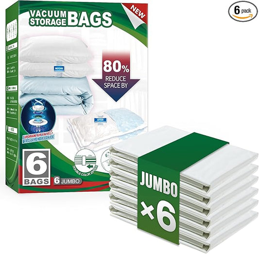 TAILI 6 Pack Vacuum Storage Bags, Jumbo Vacuum Seal Bags for Clothing (40x31 Inch), Space Saving for Bulky Bedding, Comforters and Blankets, Extra Large Closet Storage and Organization