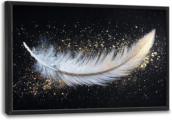 Flintis Large Feather Framed Wall Art White and Gold Feather Pictures Wall Decor Abstract Modern Canvas Painting Print Artworks Decor Framed for Living Room Bathroom Master Bedroom 36L X 24W