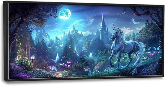 Flintis Large Unicorn Wall Art Unicorn Castle Moon Pictures Wall Decor Abstract Animal Canvas Painting Print Artwork Decoration Framed for Living Room Bathroom Master Bedroom Office 60L x 30W