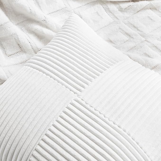 Fancy Homi 4 Packs Pure White Decorative Throw Pillow Covers 20x20 Inch for Living Room Couch Bed Sofa, Rustic Farmhouse Boho Home Decor, Soft Cross Corduroy Patchwork Accent Cushion Case 50x50 cm