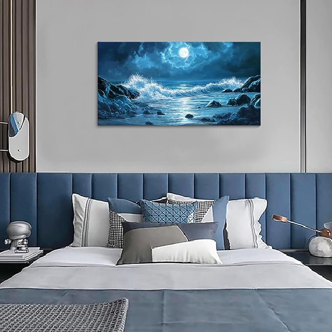 CHATYOUNG Blue Ocean Waves Landscape Wall Art, Beach Moon Sea Waves Night View Modern Canvas Wall Painting for Living Room Bedroom Office Bathroom Birthday Gift Home Decor 20x40 In