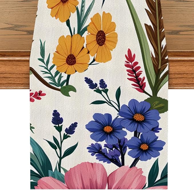 ANNA QUEEN Flowers Table Runner 13 x 72 Inch for Dining Table, Table Runner for Fall Dining Decor Indoor Outdoor Party Home Table Decoration