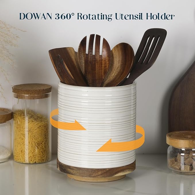 DOWAN 360° Rotating Extra Large Cooking Utensil Holder, 7.6" Kitchen Utensil Holder for Countertop, Utensil Crock for Farmhouse Kitchen Decor, Ceramic Stable Utensil Caddy, Soft White